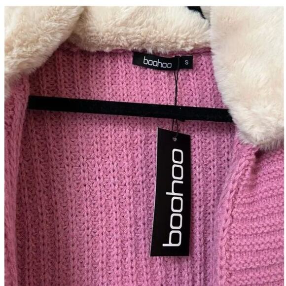 NWT Boohoo Womens  Pink boohoo Faux Fur Collar Chunky Cropped Cardigan Small - Picture 4 of 7